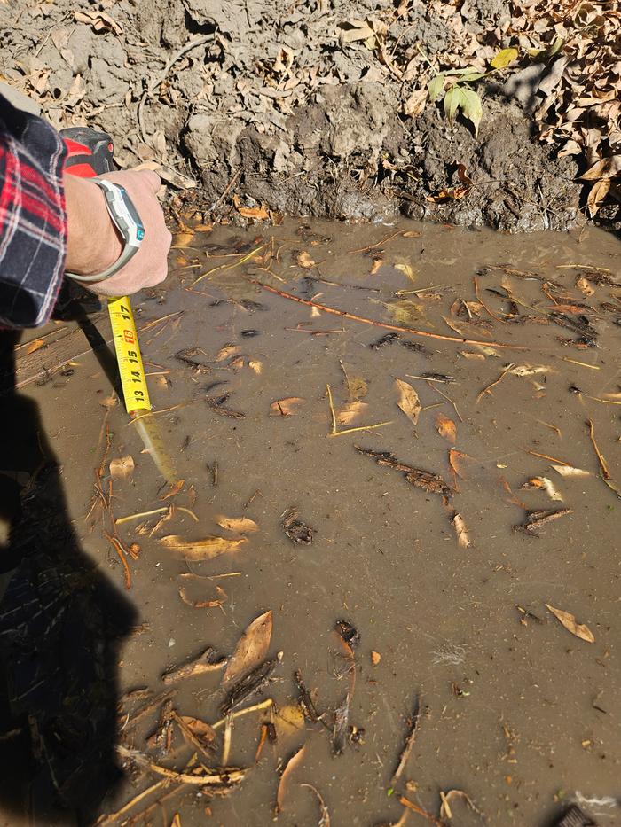 Tape measure, showing the pond is still a foot deep