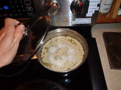 2 cups of quinoa and 4 cups of water, bringing to a boil on stovetop before simmering on low for 15 minutes