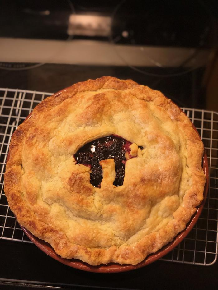 Out of the oven. That was supposed to be a PI in the middle, but it got deformed in the baking