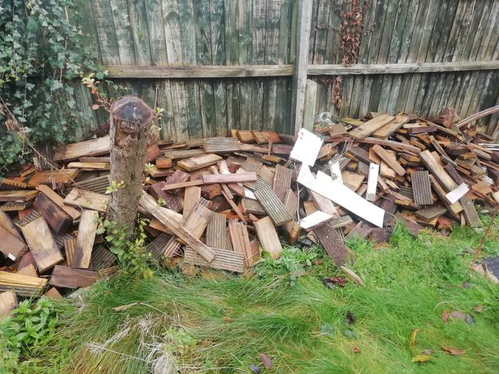 The decking waiting to be burnt and another apple tree stump that fell over in harsh weather