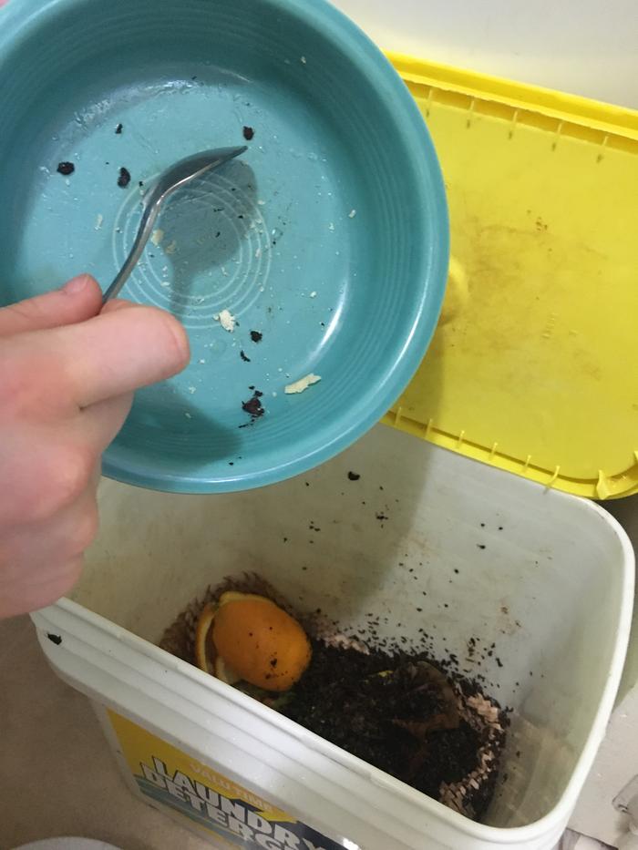 Scraping food scraps into compost bin.