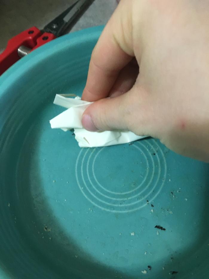 Scraping out the grease with a scrap of used paper 