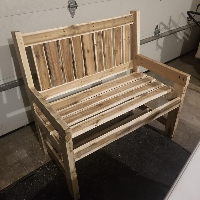 bench in progress - the seat is not screwed down, front apron hasn't been cut to fit and arm rests aren't designed yet