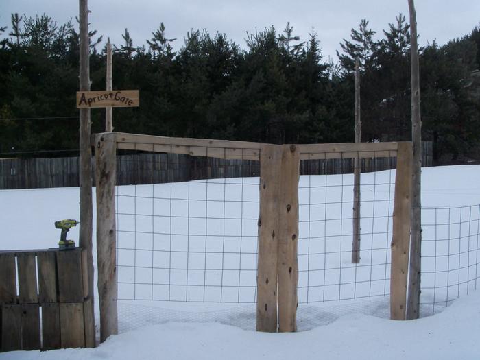 Gate in winter with a spiffy new sign