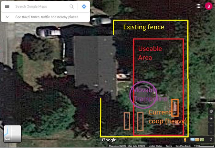 Satellite image of my backyard with notes written on it