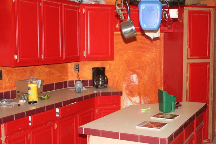 kitchen before. Blank spot where I removed the fridge and that big cabinet is a weird shaped pantry that really didn't work great. Since it was such an odd shape you'd lose stuff in the corners.