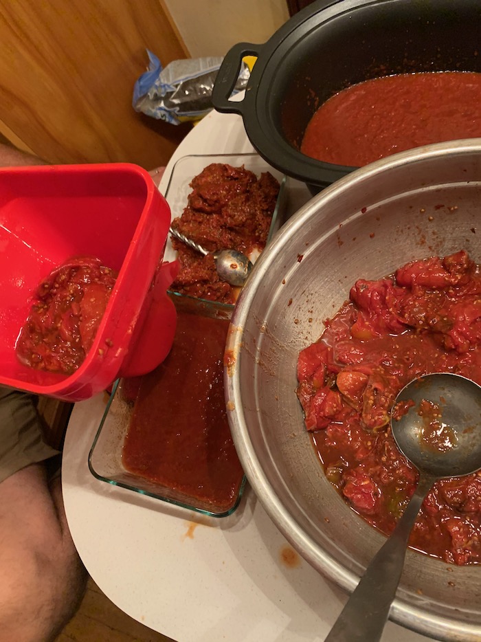 big bowl of chunks, tomato mil, black slow cooker liner