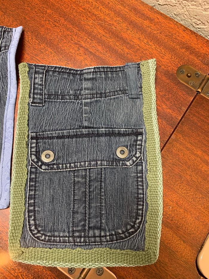 Repurposed jeans pocket with inkle-woven tape binding