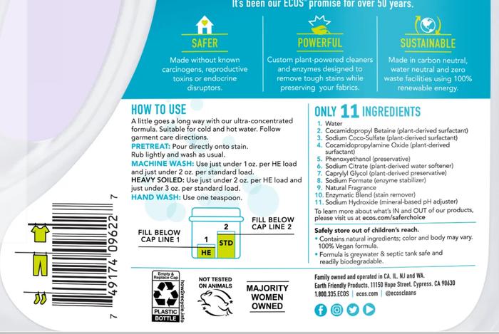 label from Ecos laundry detergent