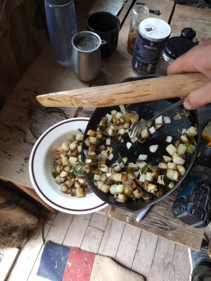 Pan fried potatoes with chopped serviceberry leaf