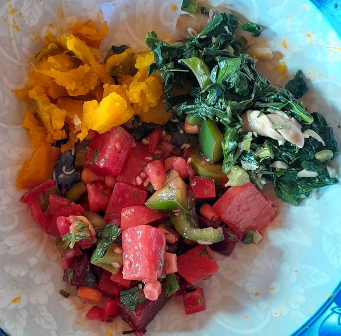 Salad has rutabaga, beet, green peppers, tomatoes, parsley