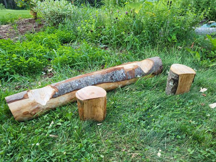 grooves cut into a log for a three log bench