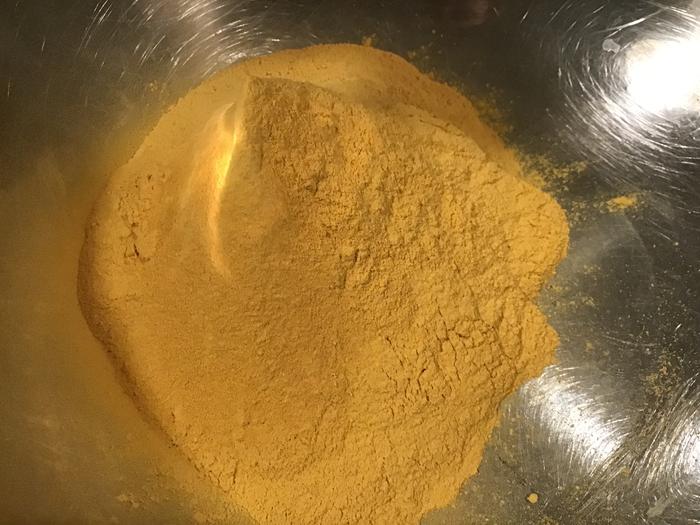 Pumpkin flour after being baked, blended, freeze dried, milled and sifted