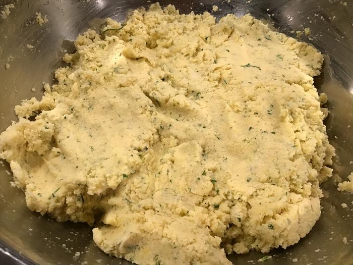 pulp mixed with eggs, flour, parsley, onions powder, garlic powder and salt.