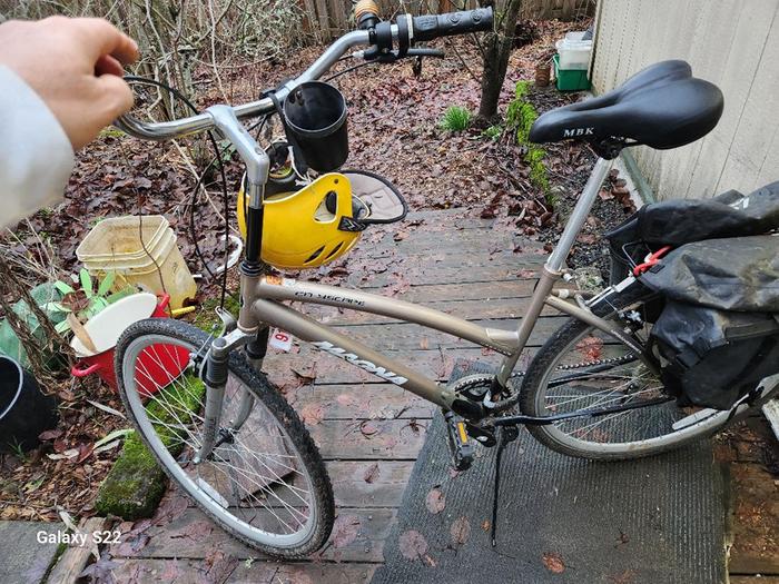 A new to him Magna step through bike on John's back porch