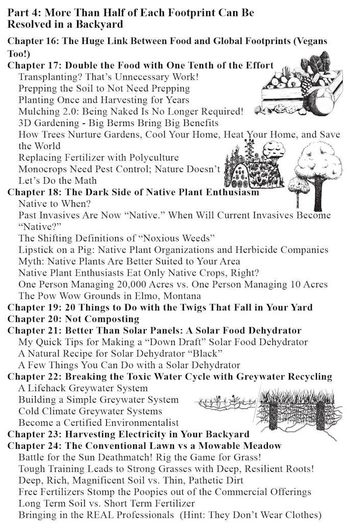 Chapters 16-24 gardening, native plants, uses for sticks, composting, solar dehydrator, greywater, lawns vs mowable meadow