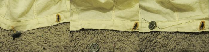 Button just about to fall off; button removed; sewing new button on