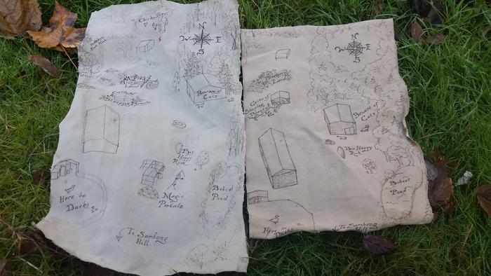 hand drawn map on old pant's cloth. Permaculture maps