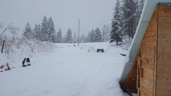 Snowfall behind shop/auditorium