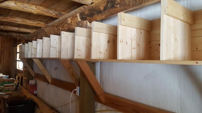 Auditorium cubbies above bench