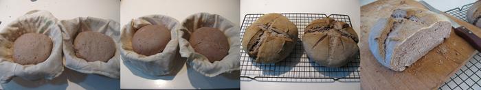 Bread rising in baskets, out of the oven & cut to reveal crumb