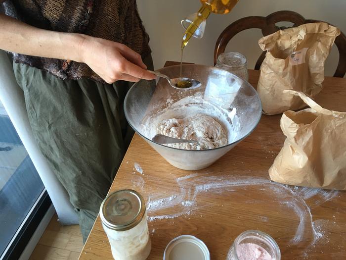 1st loaf: Adding olive oil - you can see the fork I use for mixing