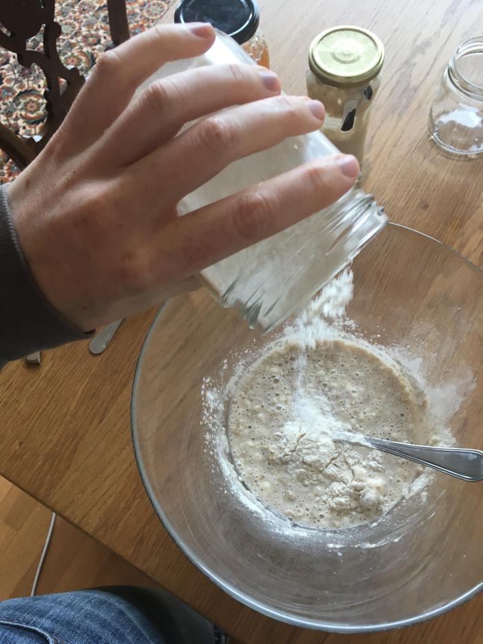 2nd loaf: adding flour - you can see the fork I use for mixing