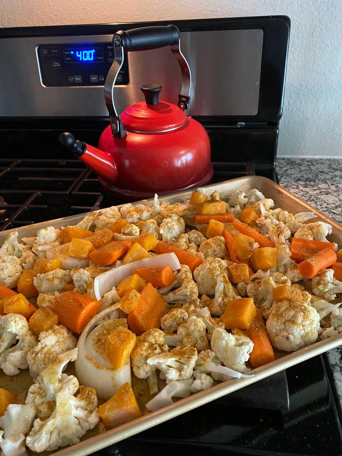 Raw veggies, rubbed in chicken fat and seasoned with Thai curry powder