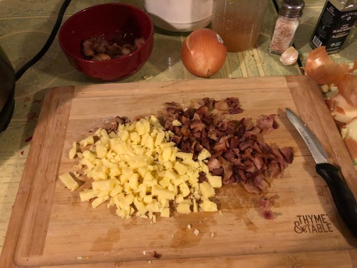 Cut bacon and cheese 