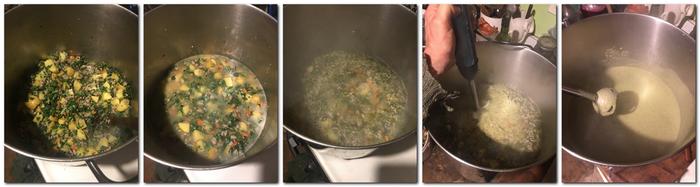 adding nettles, then water, cooking, blending