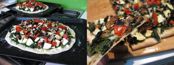 Pizza before and after being put in the oven--cooked enough for a slice to stand on its own!