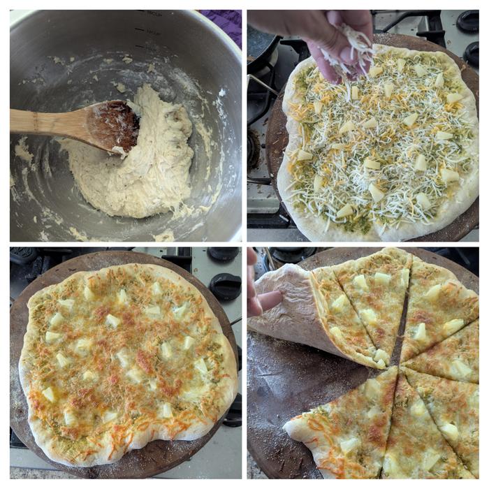 in process and completed cheese and pineapple pizza