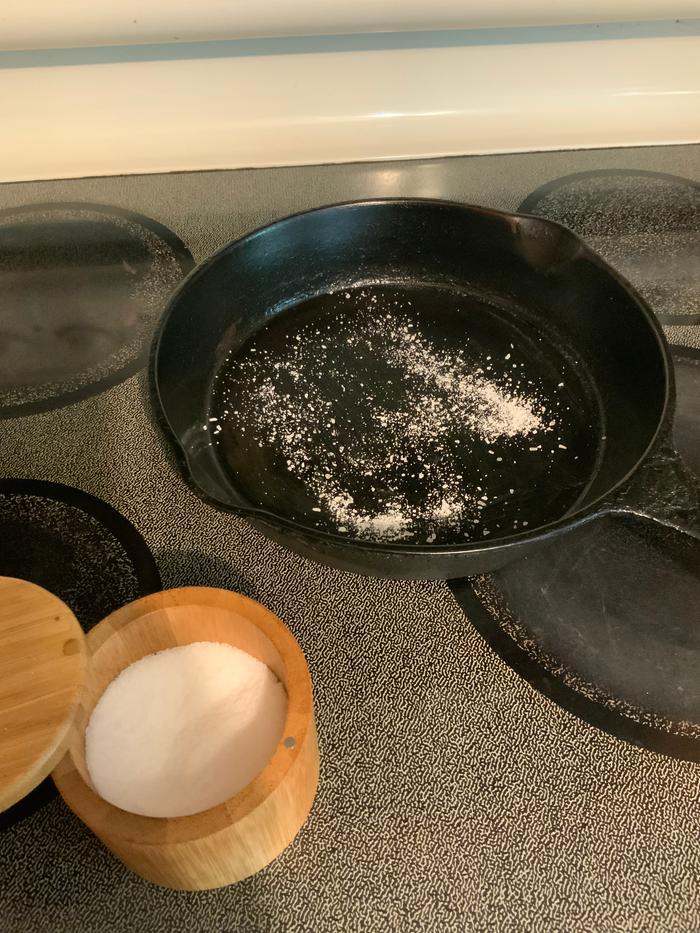 Kosher salt for clean up followed with a little oil to season pan