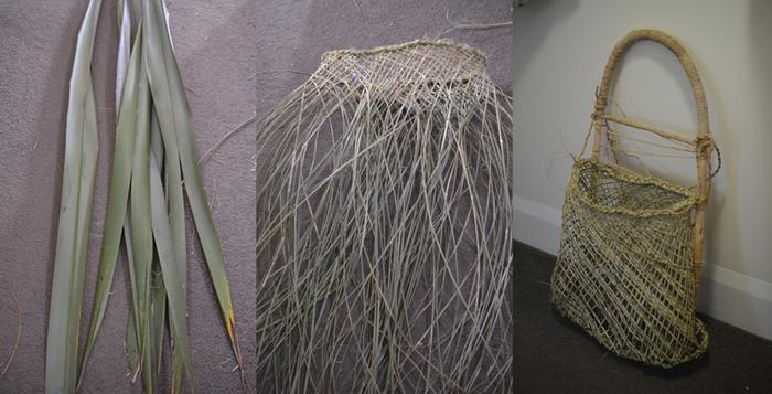 Flax leaves, starting the basket from slightly dried strips with muka, finished backpack attached to wooden backpack frame