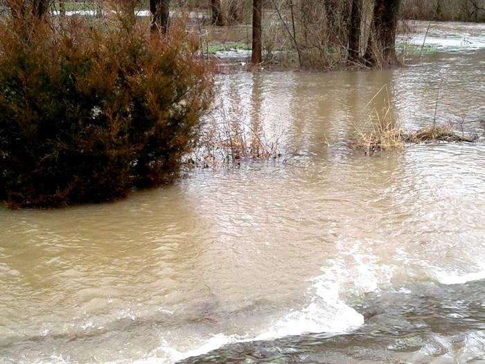 close up of water going towards farm in back, but not reaching it luckily!
