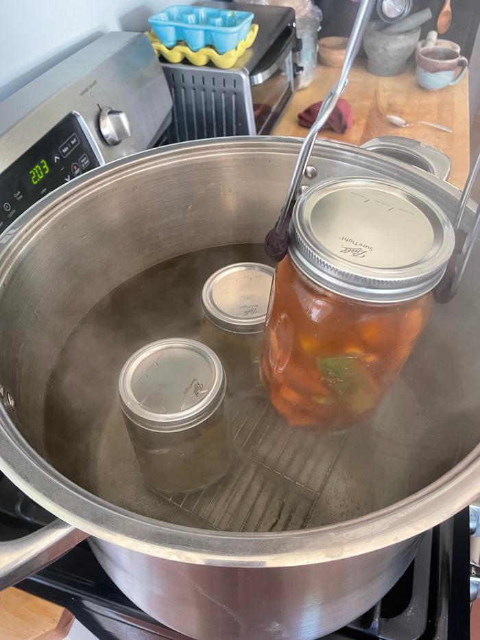 Jars going into the water bath. They were in there for 10 minutes at a rolling boil.