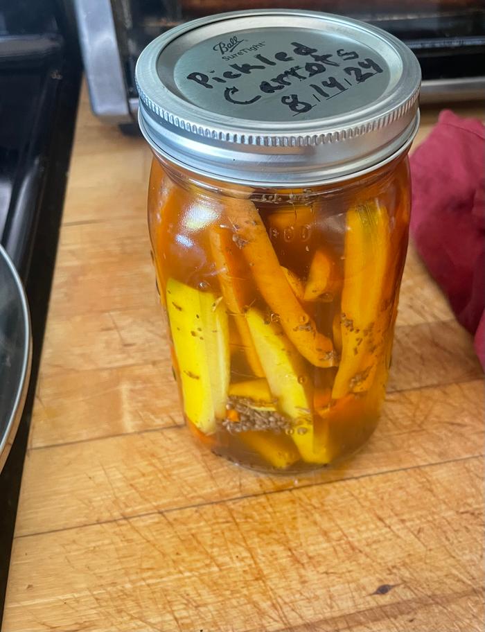 Finished and sealed pickled carrots. Link to the recipe is above.