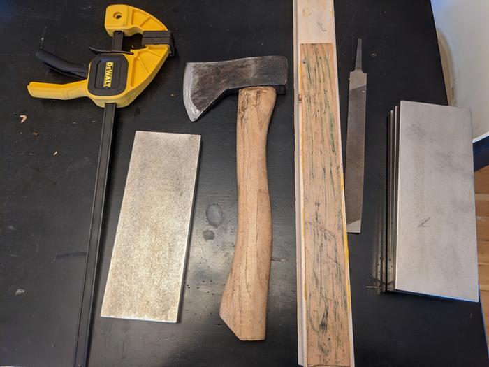 Tools used: hatchet, file, 4 diamond stones, strop, clamp