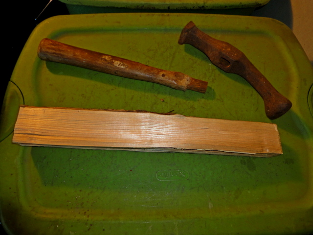 Here is a shot with the old handle removed and the original chunk of wood to make the new handle.