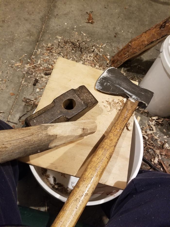 in progress- shaping the handle. see the dark area on the left? I got it all cleaned up with the pretty oak grain showing