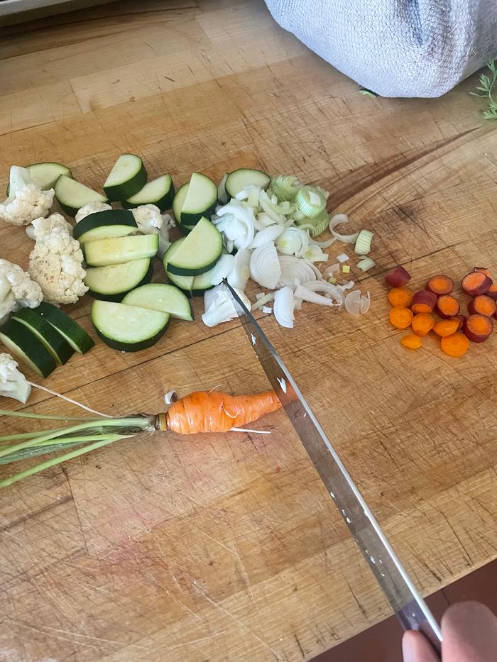 2 person Stir fry recipe: chicken, a litttle bit of ghee, zucchini, carrots, green onions, cauliflower, garlic, ginger. I also made sauce: tomato, soy sauce, orange juice, maple syrup, vinegar.