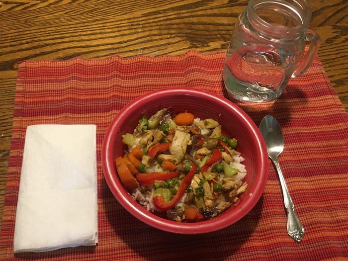 The finished stir fry on top of rice