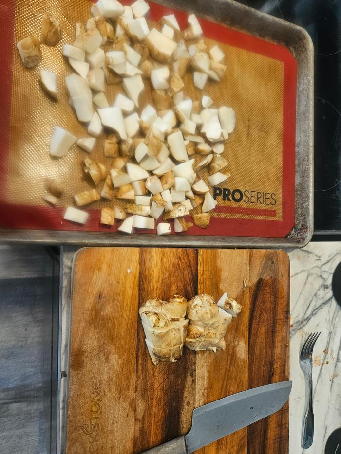 Chopping sunchokes for roasting