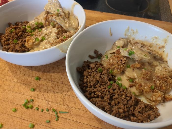 Served with ground beef and sprinkled with green onion.