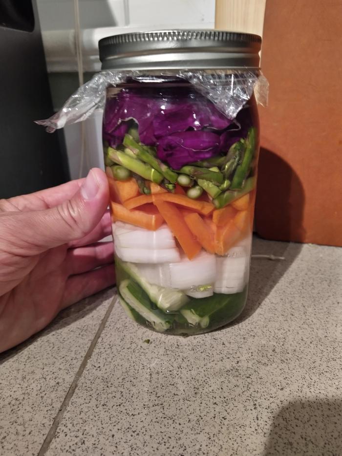 Quart jar, Full of brine and veggies