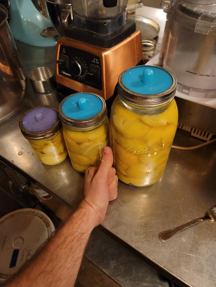 Finished and fermenting product in half gallon, quart, and pint jars