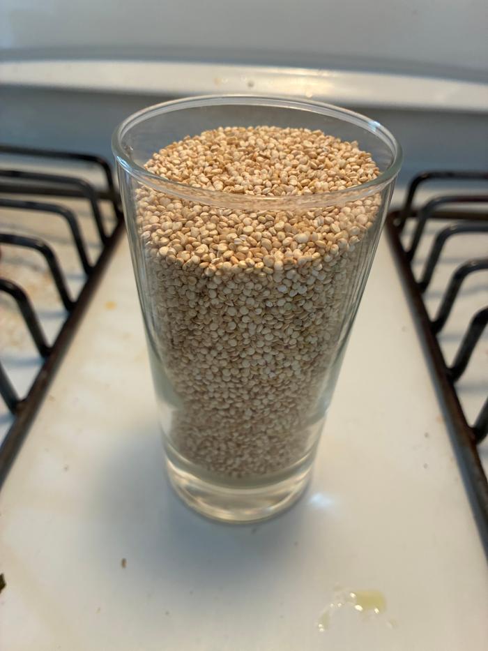 ~1+ cup dry Quinoa in drinking glass in lieu of measuring cup.