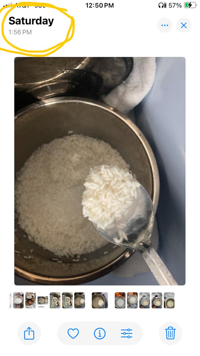 The uncooked rice going into the hay box cooker at 1:56 PM