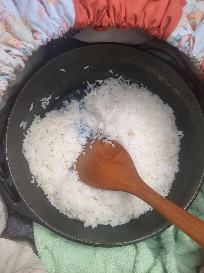 Whoops forgot to get a picture of the rice going into the wonderbag, not just the dutch oven. You can see there is still some water at the bottom so it's not done yet, although it is cooking really fast.