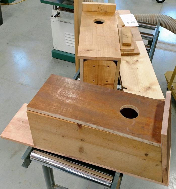 Later American kestrel/yellow-shafted flicker/Eastern screech owl boxes w/mods prior to front-opening design mods.